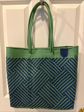 Tin Marin Woven Pattern Tote Bag in Green & Blue